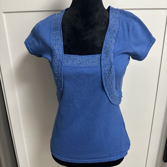 Reba Women's Blue Beaded Blouse Size Small Bling - Picture 1 of 8